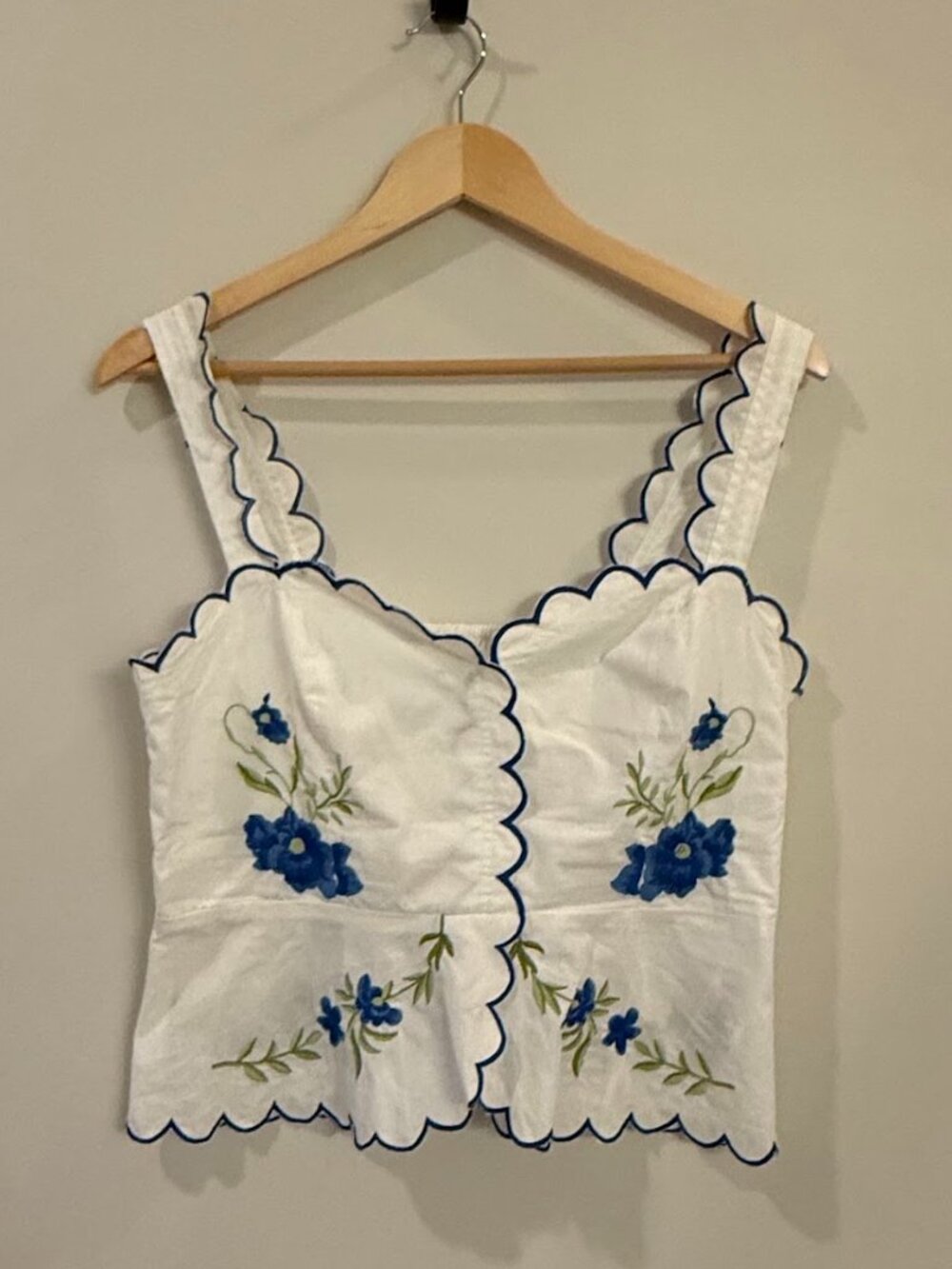 Anthropologie Maeve Ruffle-Strap Scallop Tea Towel Peplum Embroidered Top M